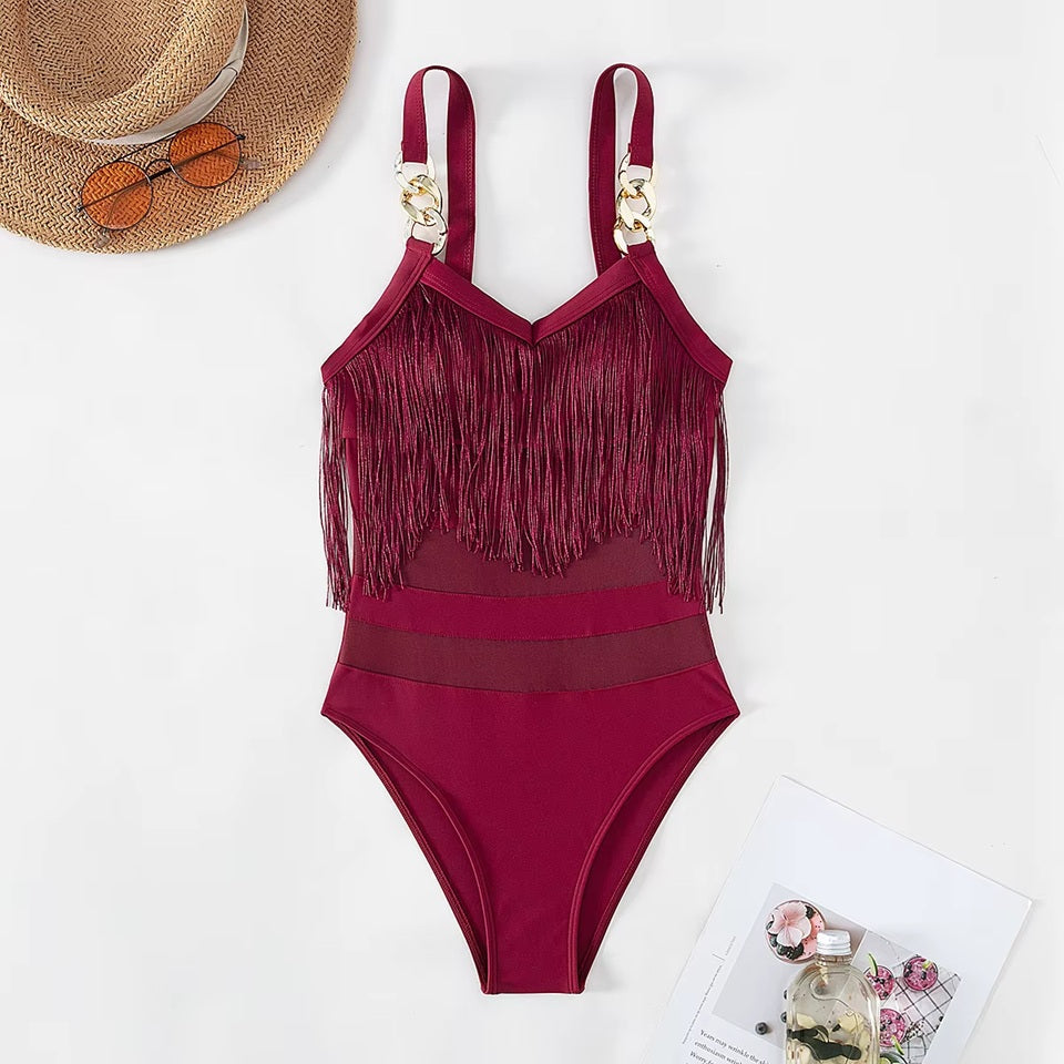 SW658 One Piece Fringe and Mesh Swimsuit