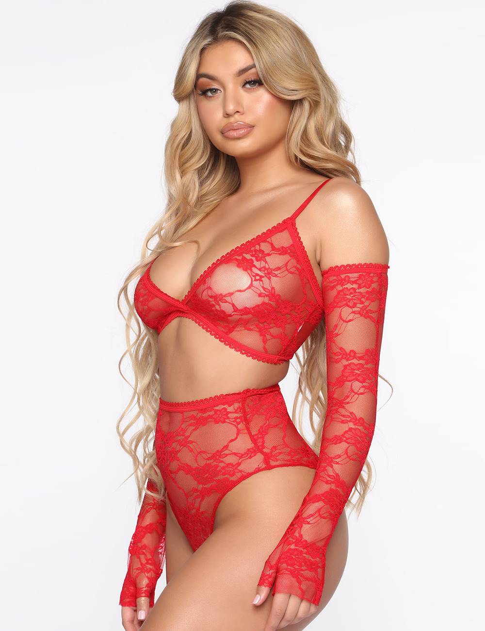 R482 Red See Through Lace Panty w/Sleeve Set