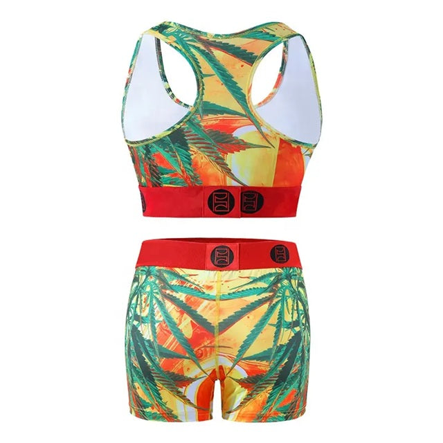 J778 Orange Green Leaf 3D Printed Racerback Pajama/Lounge Set
