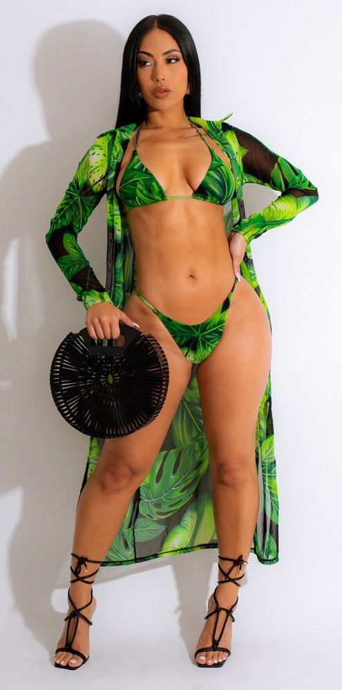 SB94 Green Three Piece Mesh Cover Up Thong Bikini Set