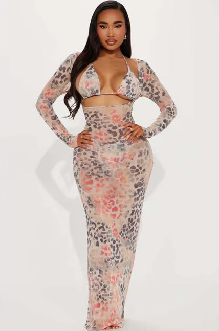 SY56 Three Piece Silver Printed Bikini Set with Matching Cover-up