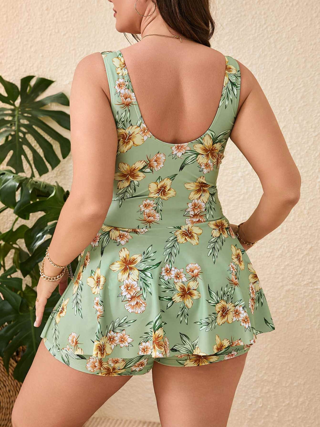 SP20 Two Piece Green Floral Print Tankini Top  Boy Shorts Bottom