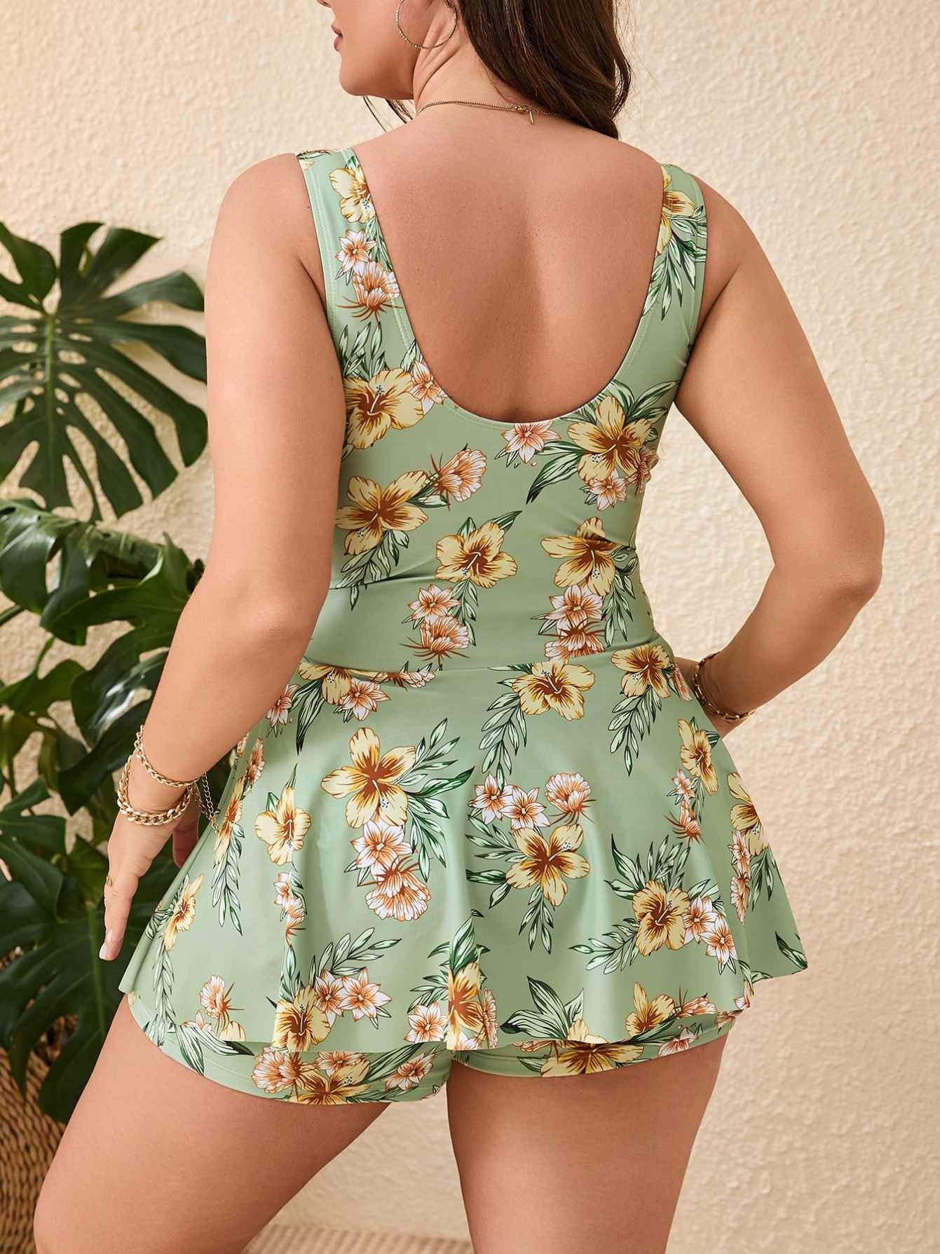 SP20 Two Piece Green Floral Print Tankini Top  Boy Shorts Bottom