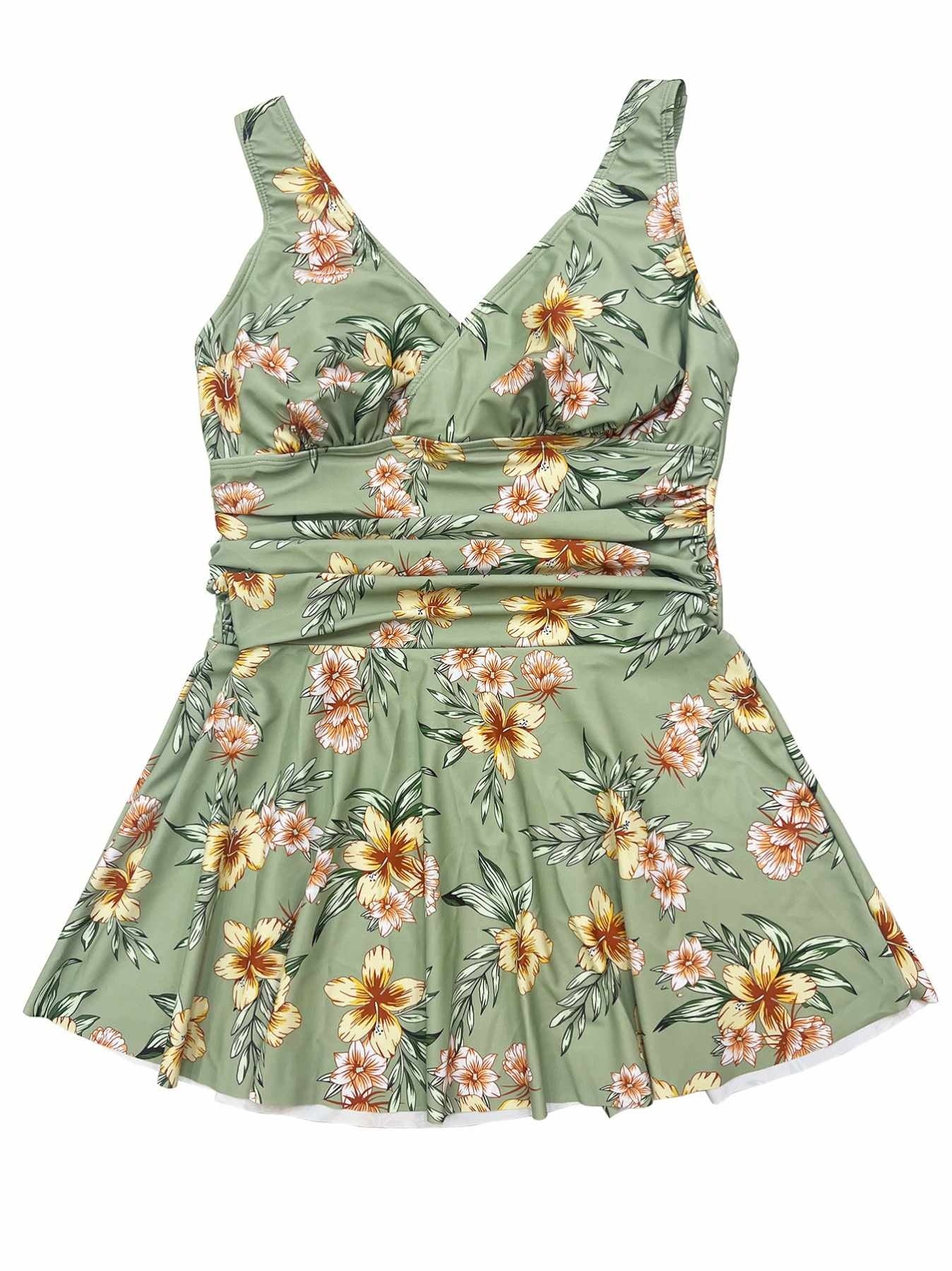 SP20 Two Piece Green Floral Print Tankini Top  Boy Shorts Bottom