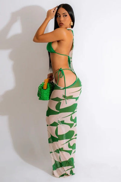 LX68 Green Three Piece Mesh Cover Up and Bikini Set