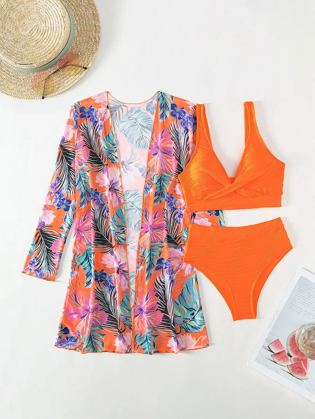 SH153 Orange 3 Pieces Swimsuit with Cover Up