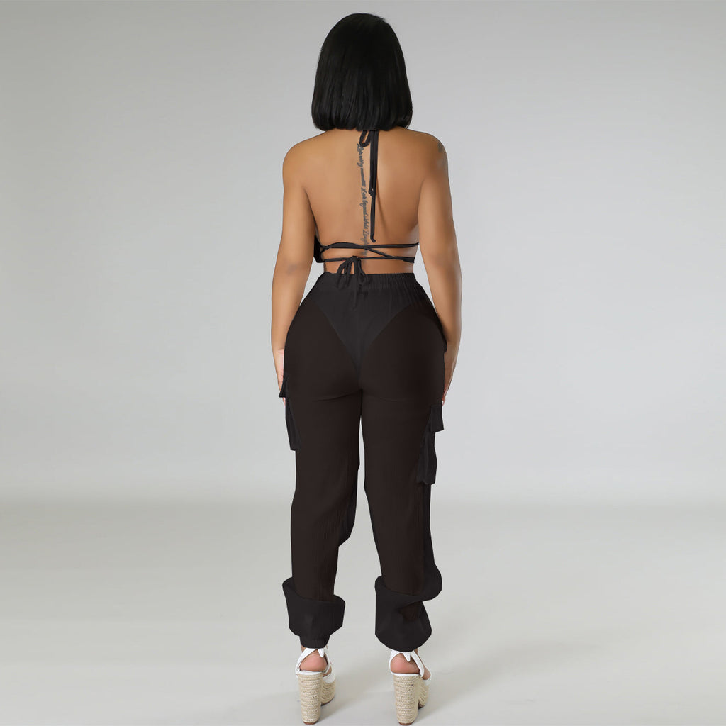 KC460 Black Bikini Swimwear Chiffon Pocket Pants Set 3-piece
