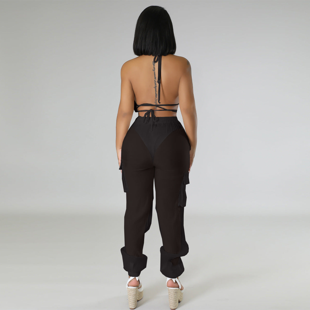 KC460 Black Bikini Swimwear Chiffon Pocket Pants Set 3-piece