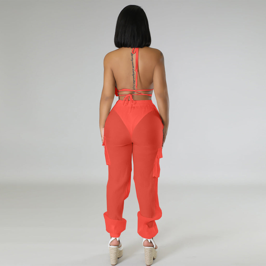 KC459 Coral Bikini Swimwear Chiffon Pocket Pants Set 3-piece