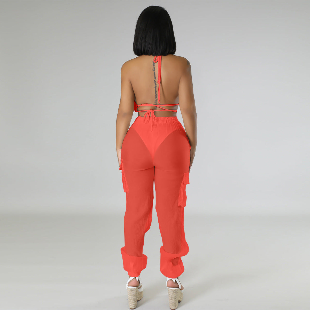 KC459 Coral Bikini Swimwear Chiffon Pocket Pants Set 3-piece