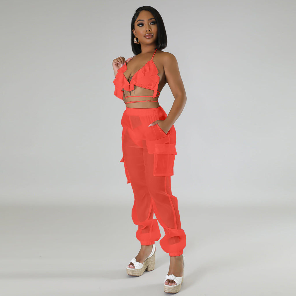 KC459 Coral Bikini Swimwear Chiffon Pocket Pants Set 3-piece