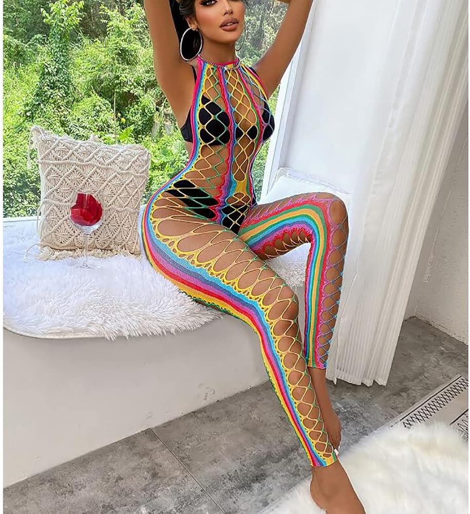 YC10 Halter Sexy Backless Mesh Rainbow Hollow Out Bodystocking