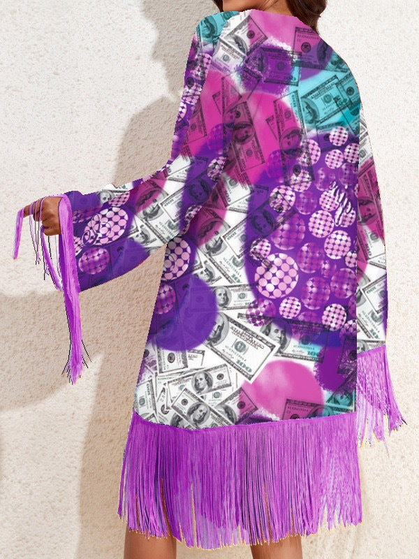 DL20 Dollar Printed One Piece Swimsuit w/Long Sleeve Tassel Cover Up