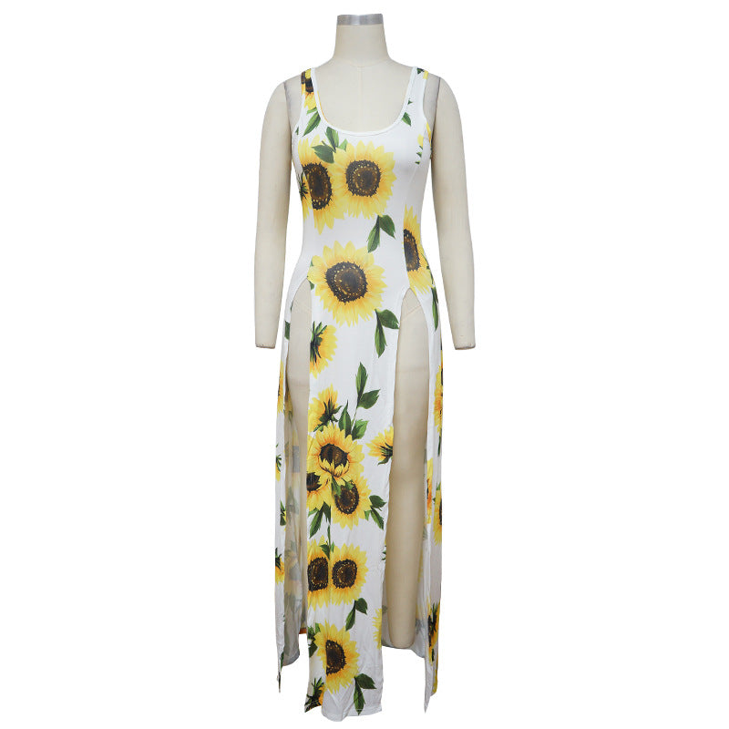 9870S Sunflower Printed Split Beach Dress/Cover Up