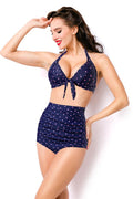 4102X Pink Dots Navy Blue High Waist Swimsuit
