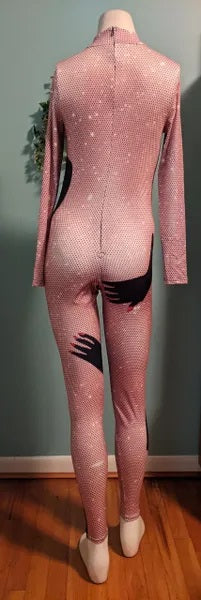 B142 Beige 3D Handprinted Long Sleeve Jumpsuit