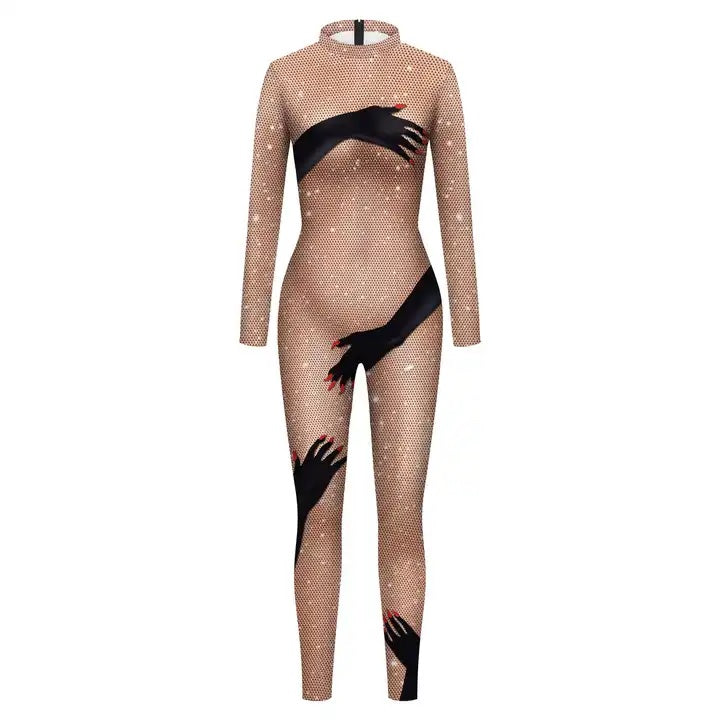 B142 Beige 3D Handprinted Long Sleeve Jumpsuit