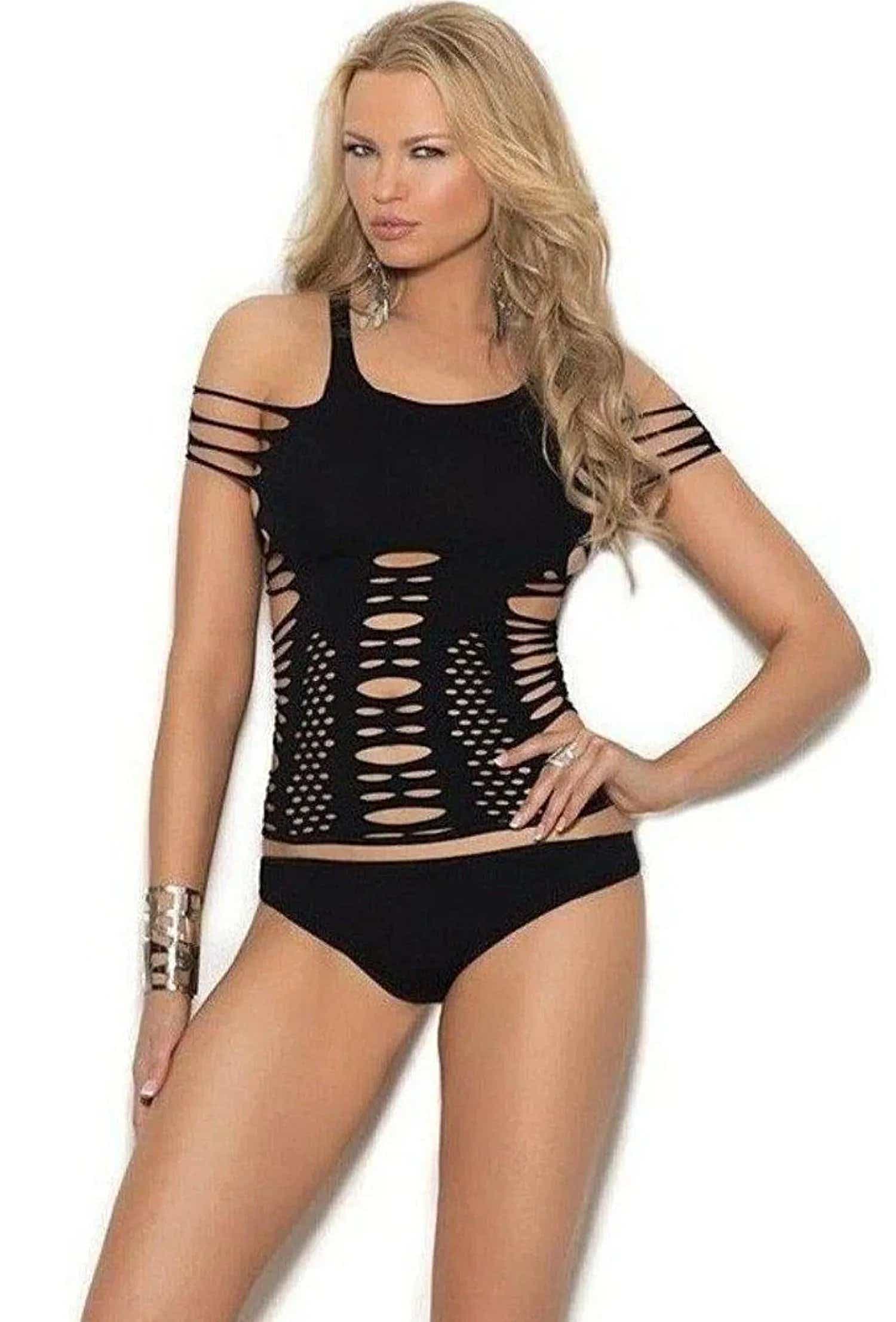 1322Q Strappy Cami Top Thong Set Cut Outs Cold Shoulder Style