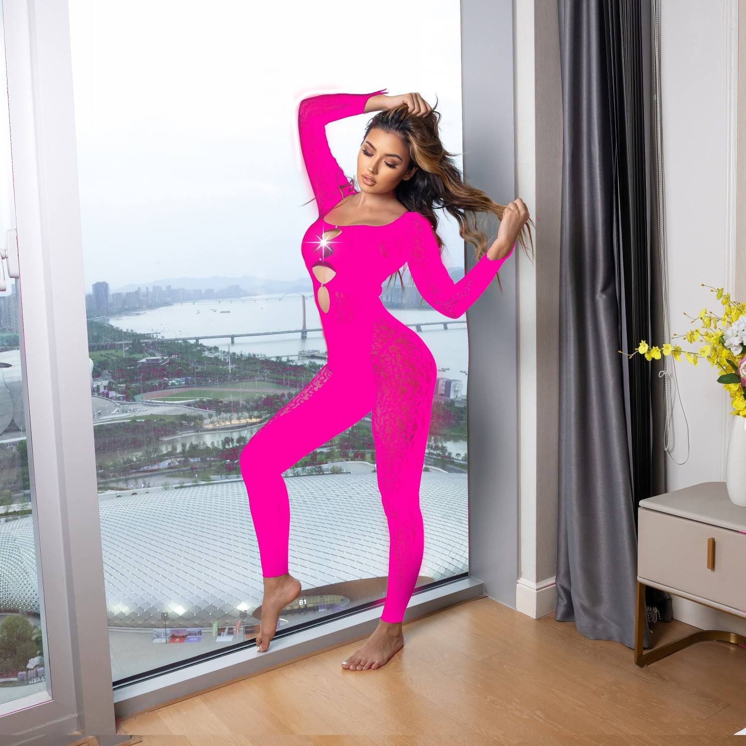 W633 Long Sleeve Rhinestone Breathable Bodystocking