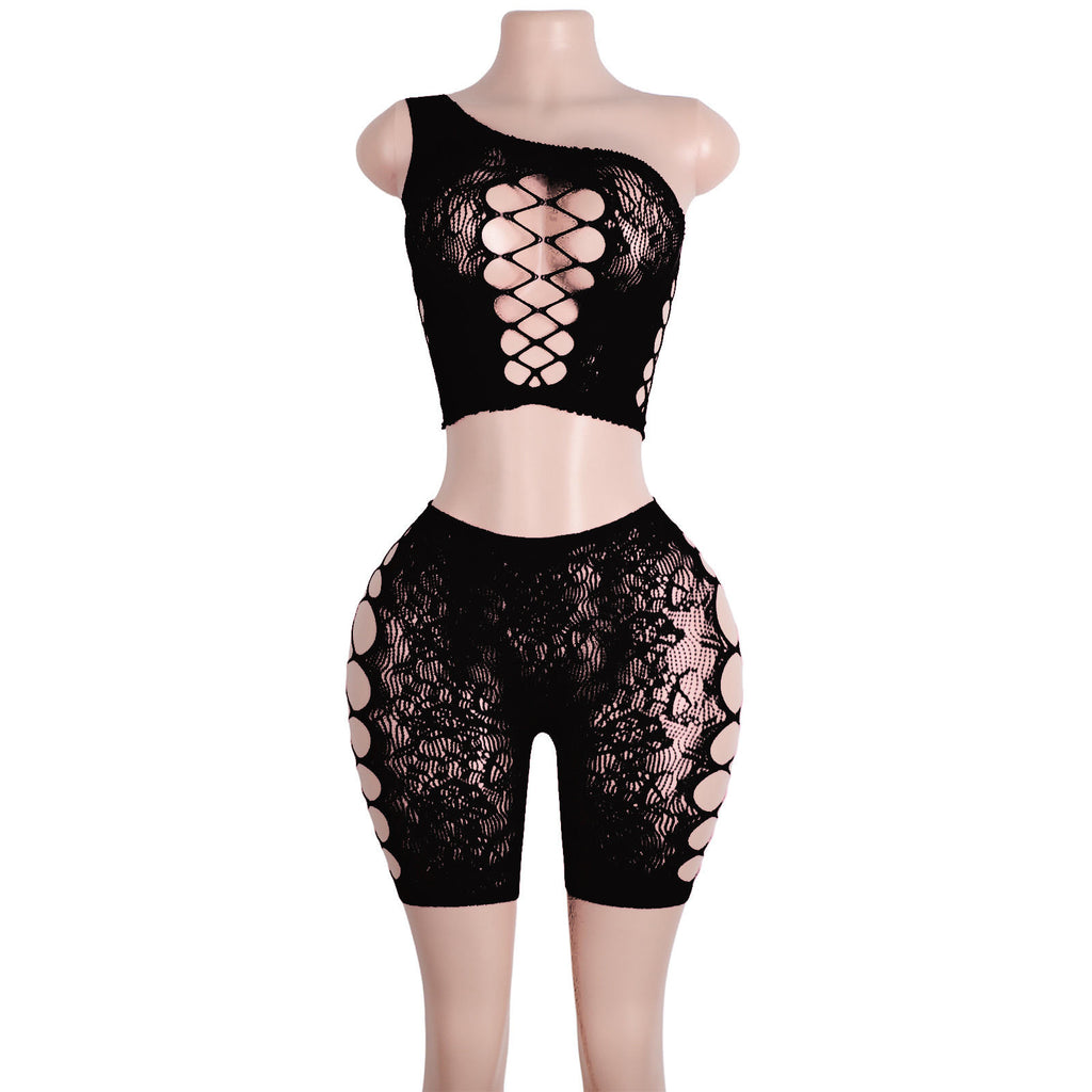 SK58 Embroider Mesh One Shoulder Lingerie Short Set