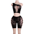 SK58 Embroider Mesh One Shoulder Lingerie Short Set