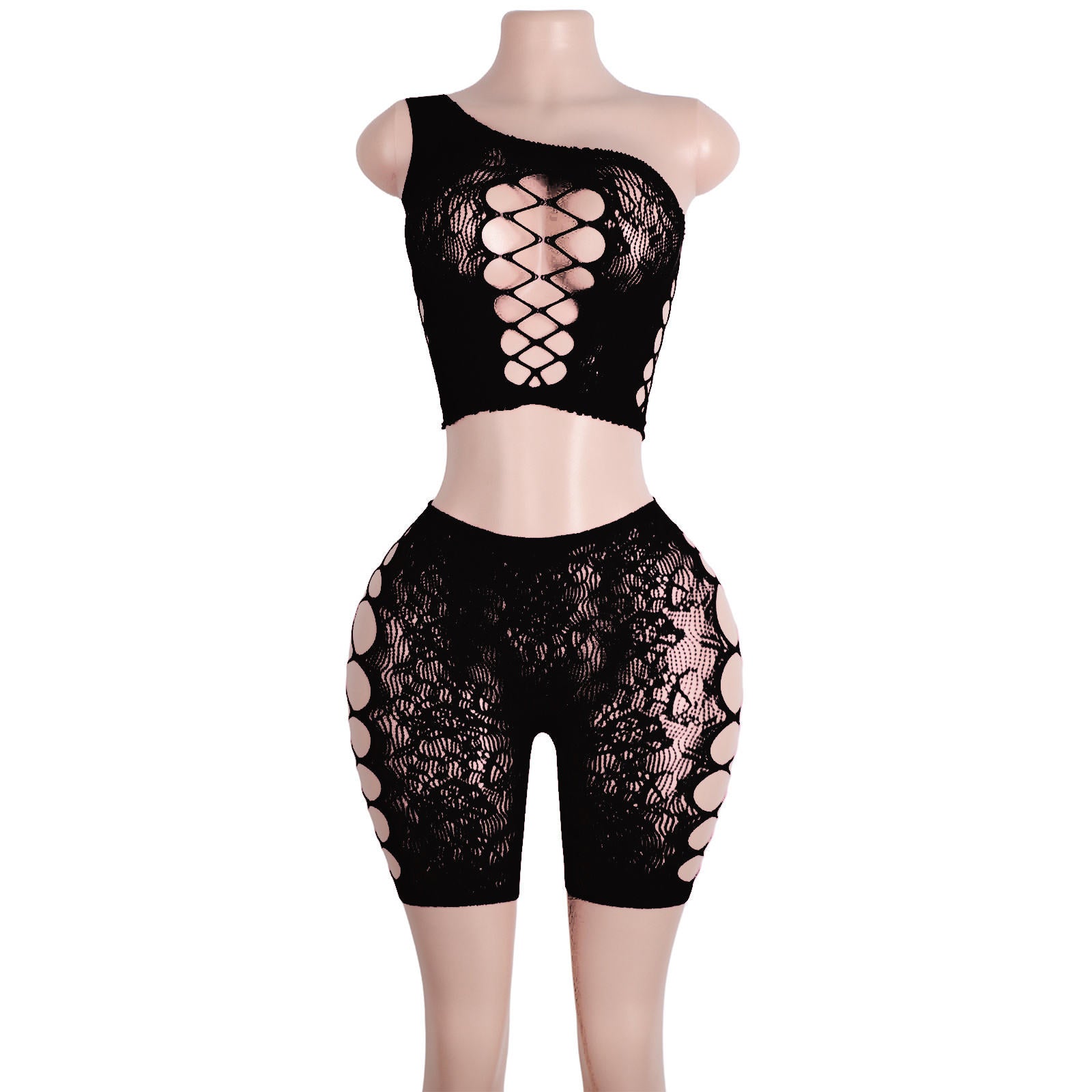 SK58 Embroider Mesh One Shoulder Lingerie Short Set