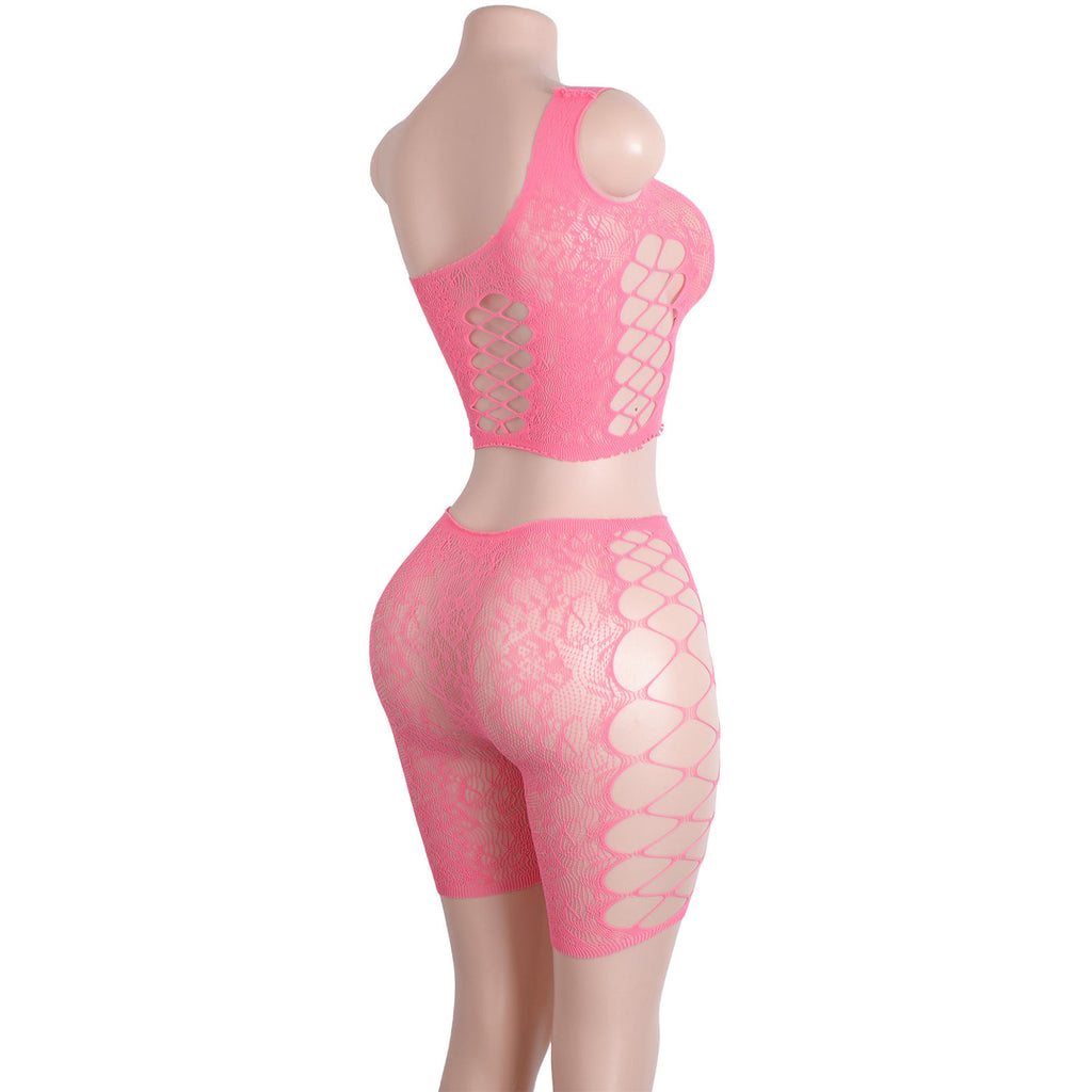 SK58 Embroider Mesh One Shoulder Lingerie Short Set