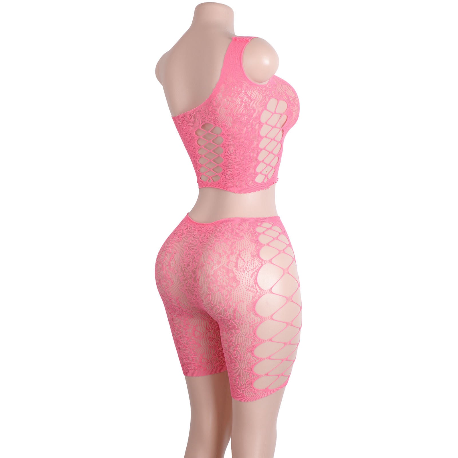 SK58 Embroider Mesh One Shoulder Lingerie Short Set