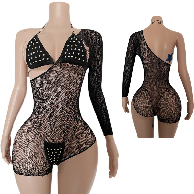V449 Three Piece One Shoulder Mesh w/Rhinestone Lingerie Bikini Set