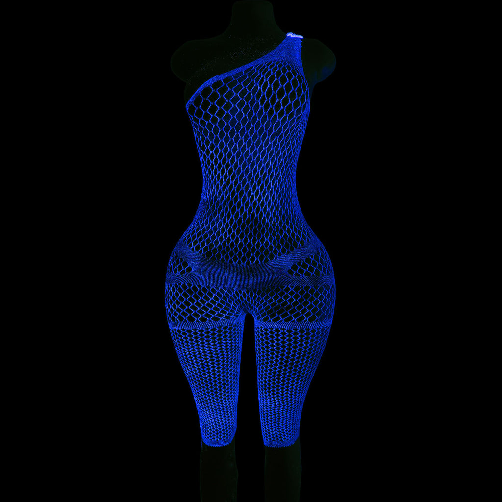 DL14 Turquoise Luminous Fishnet Open Rear Capri Style Bodystocking