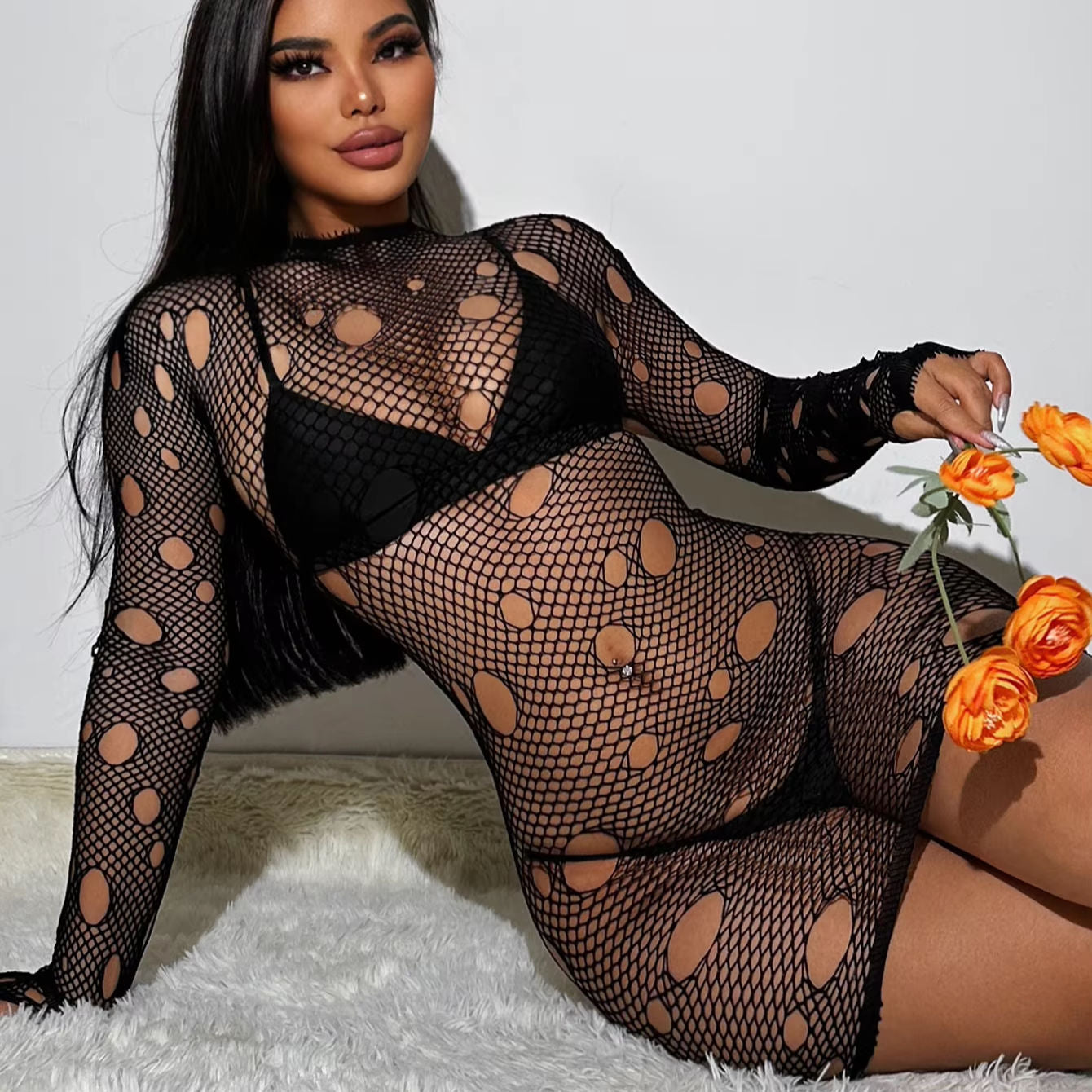 W525 Black Fishnet and Pothole Net Mini Dress
