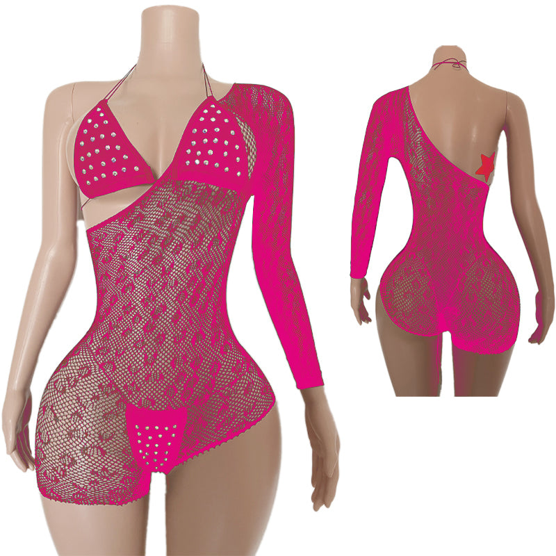 V449 Three Piece One Shoulder Mesh w/Rhinestone Lingerie Bikini Set