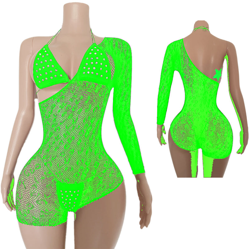 V449 Three Piece One Shoulder Mesh w/Rhinestone Lingerie Bikini Set