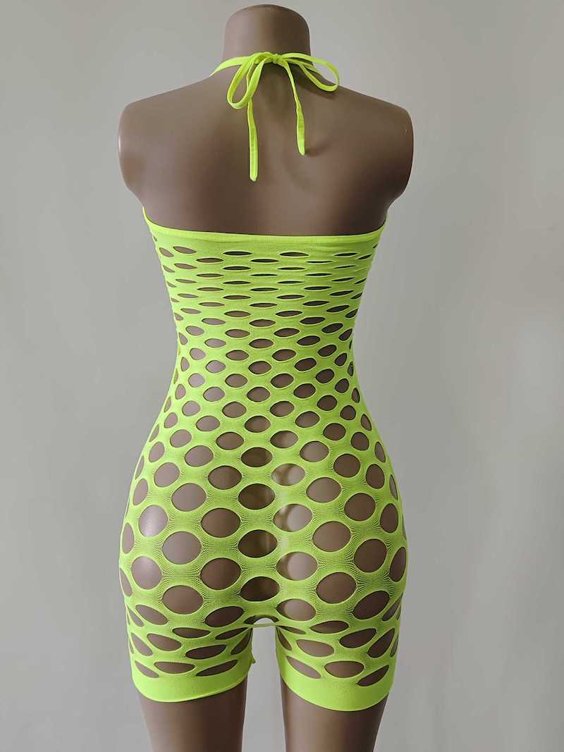 R172 Pothole Rhinestone Neck Tie Romper Loungewear