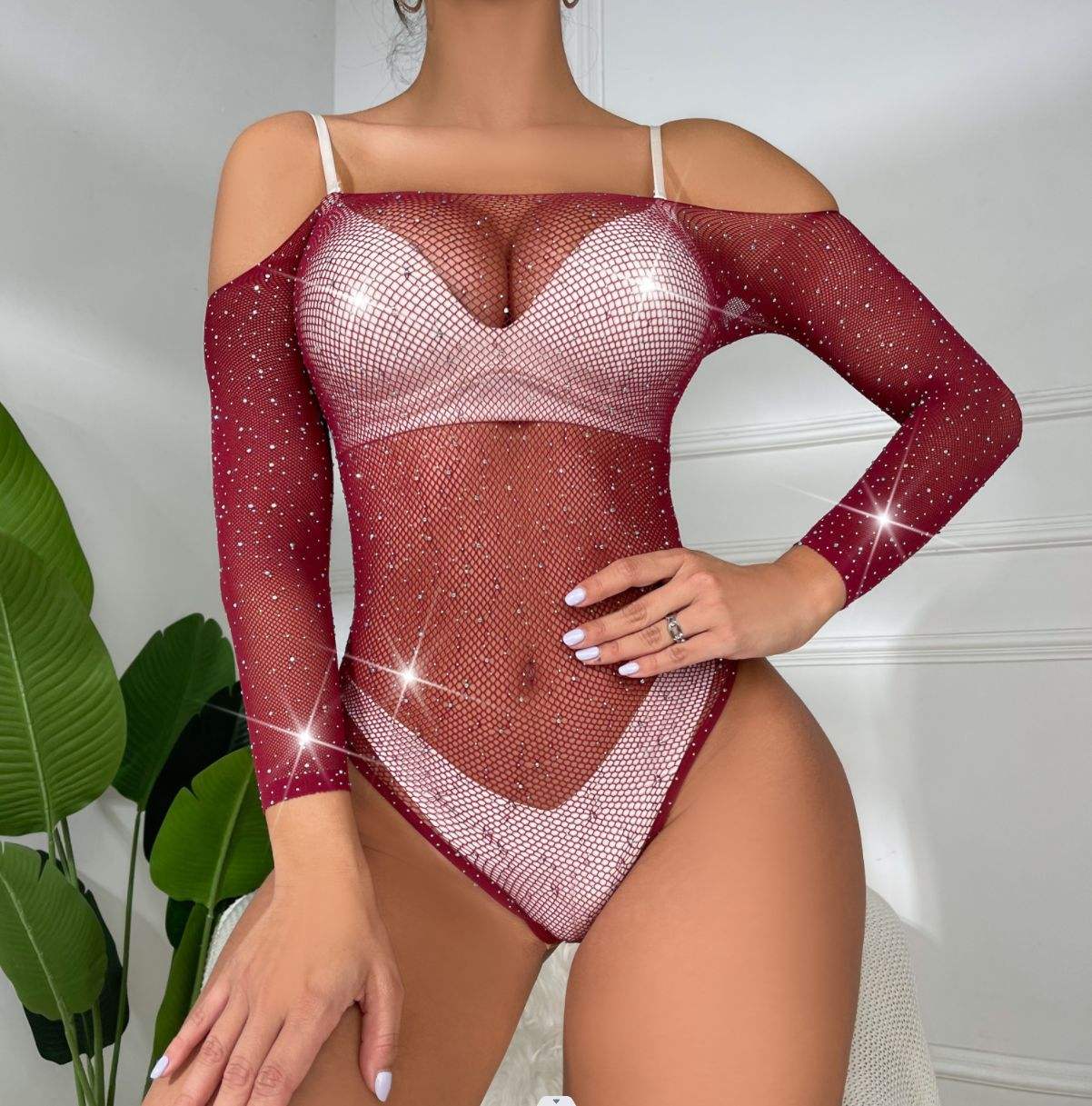 TZ09 Sheer Fishnet and Mesh Rhinestone Bodysuit
