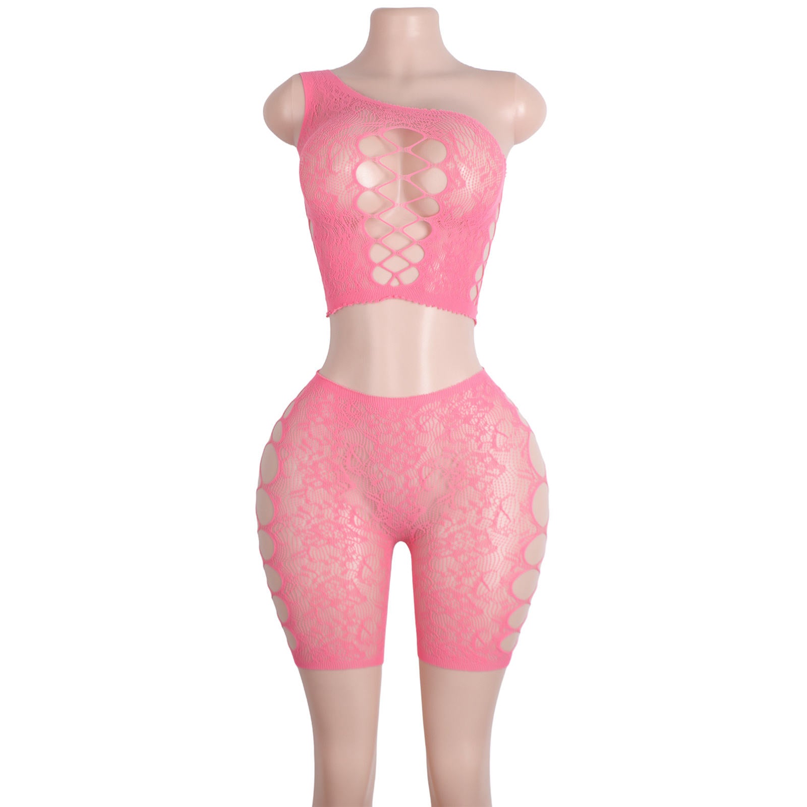 SK58 Embroider Mesh One Shoulder Lingerie Short Set