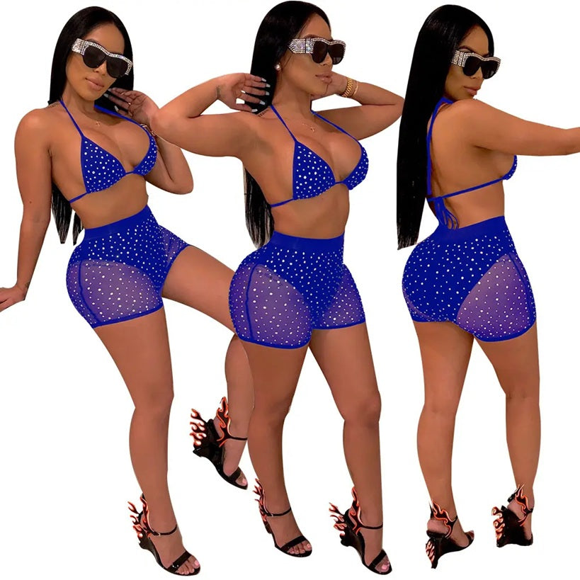 J369 Two Piece Rhinestone Fishnet Set