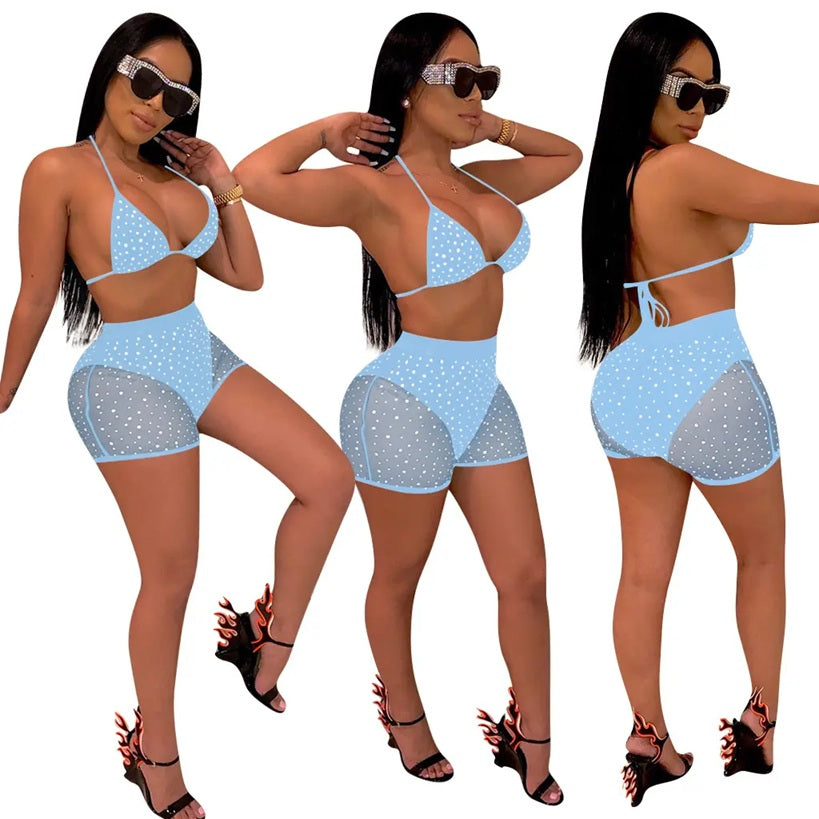 J369 Two Piece Rhinestone Fishnet Set