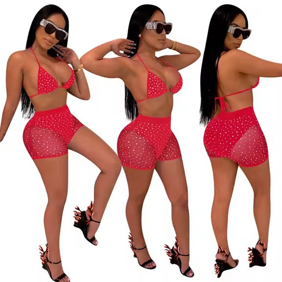 J369 Two Piece Rhinestone Fishnet Set