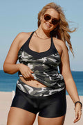 SL413 Black Camouflage Patchwork Crisscross Tankini
