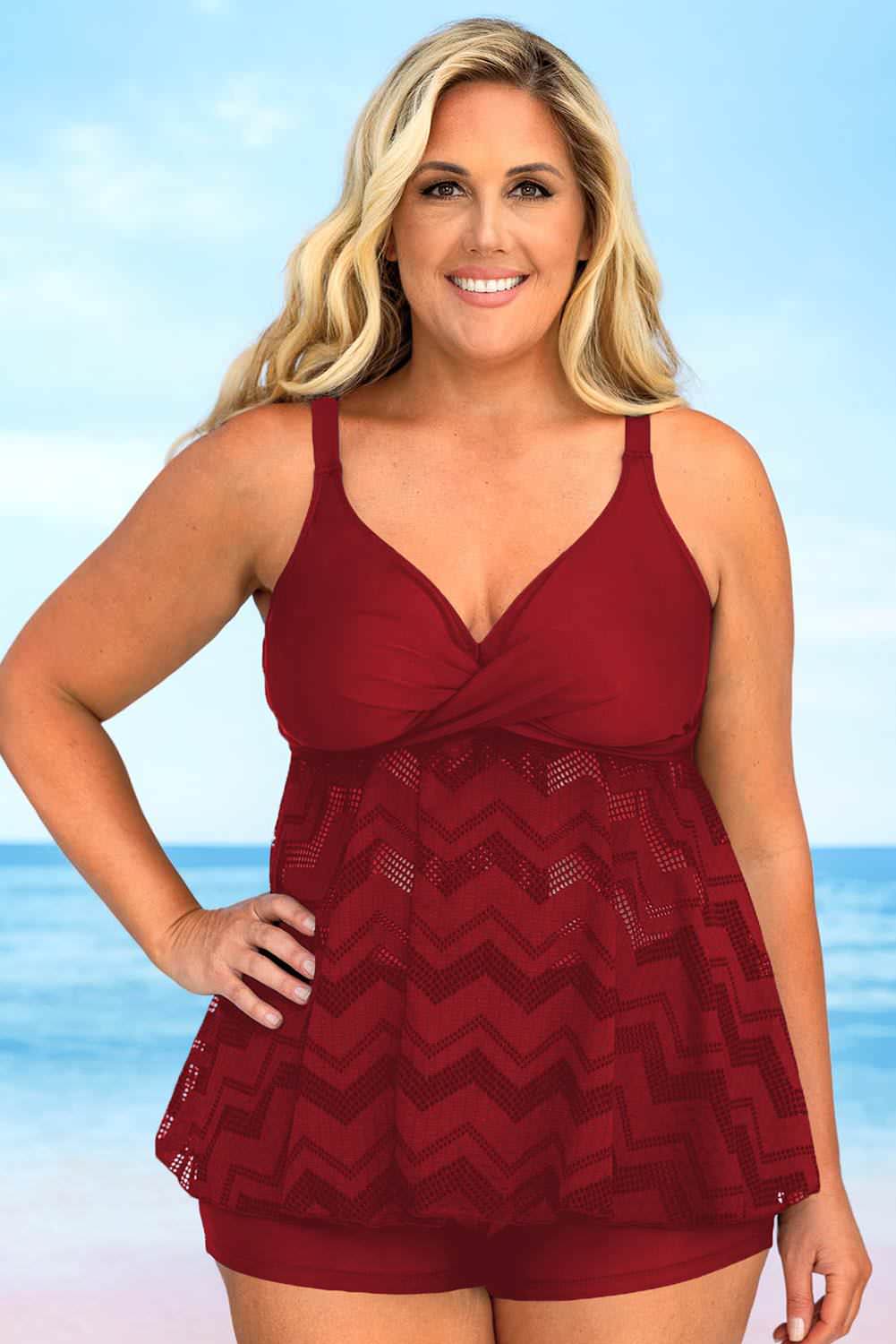 SL153 Red Ruffled Sleeveless V Neck Plus Size Swimsuit