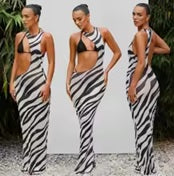 S820 Black Stripped Three Piece Mesh Cover Up and Bikini Set