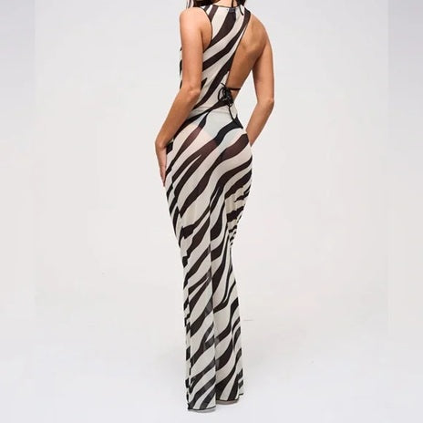 S820 Black Stripped Three Piece Mesh Cover Up and Bikini Set