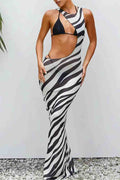 S820 Black Stripped Three Piece Mesh Cover Up and Bikini Set