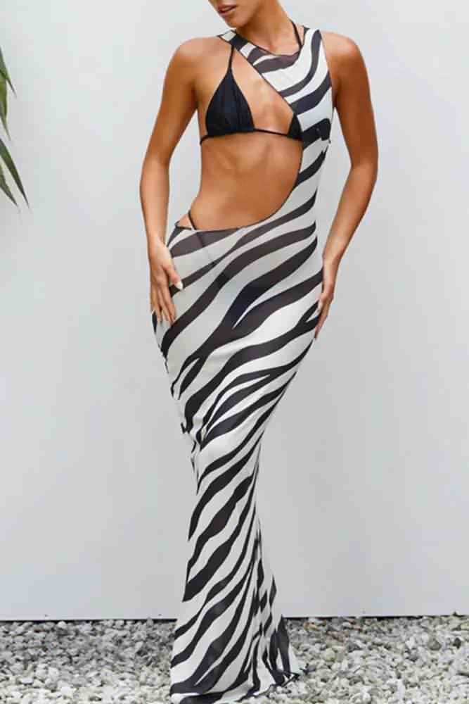 S820 Black Stripped Three Piece Mesh Cover Up and Bikini Set