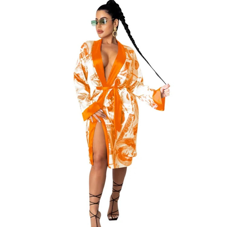 RJ12 Orange Silk/Satin Dollar Printed Robe
