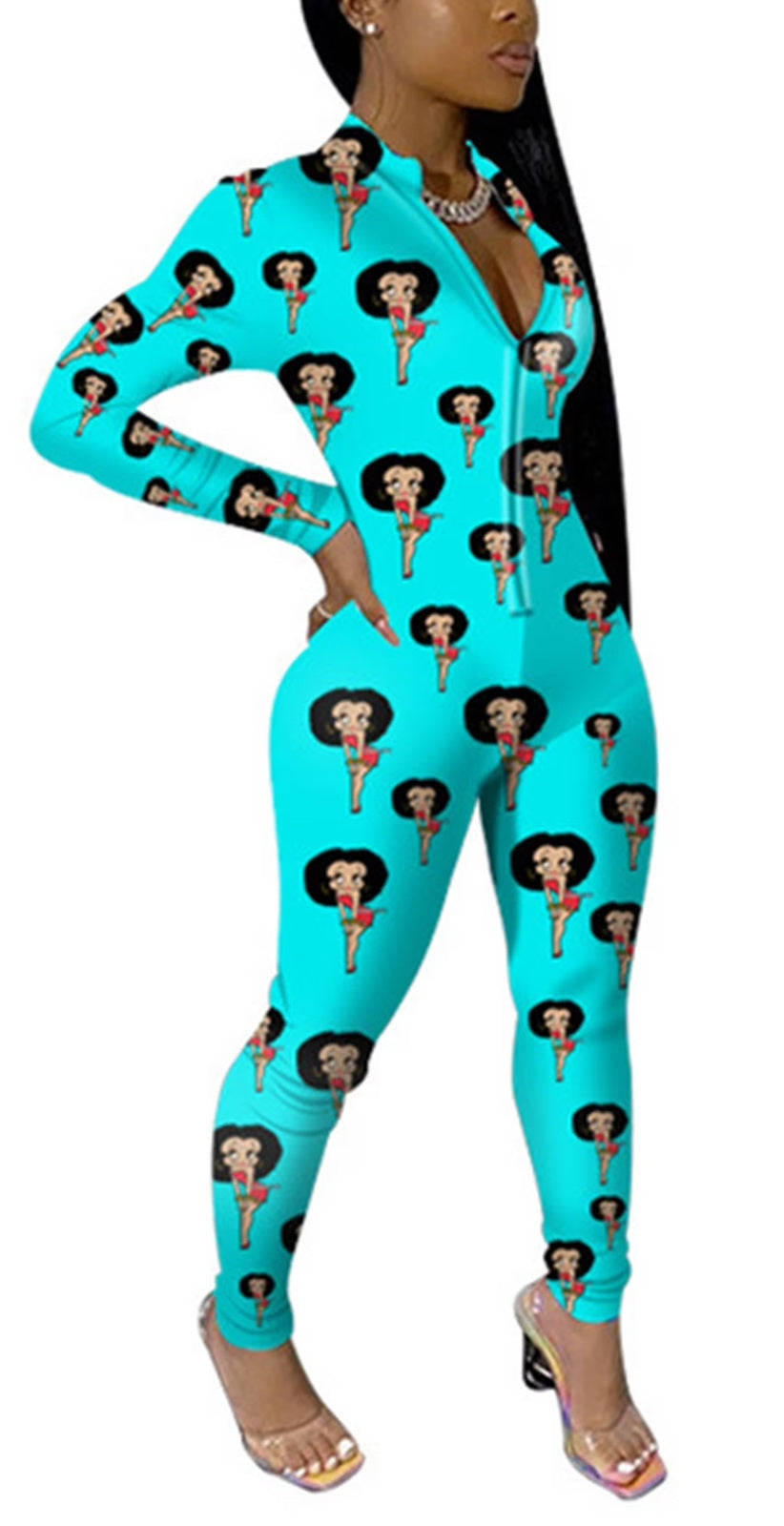 RY341 Betty Boop Printed Front Zipper Long Adult Onesie