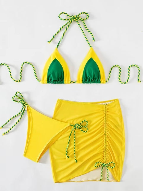 SH612 Color Block Crochet Three Piece Swimsuits