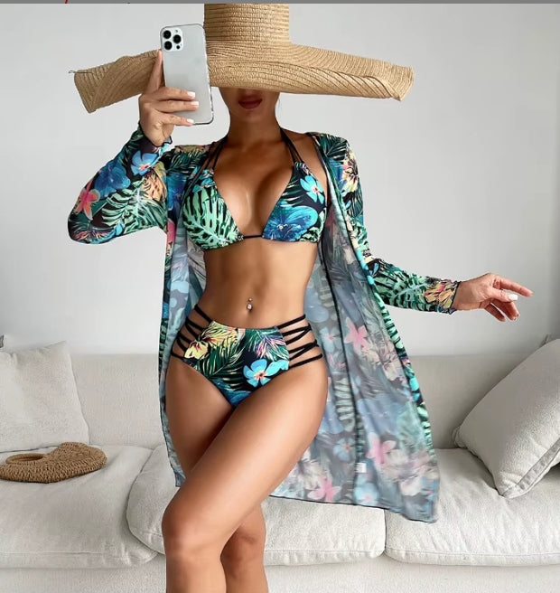SH518 Tropical Green Three-Piece Swimsuit