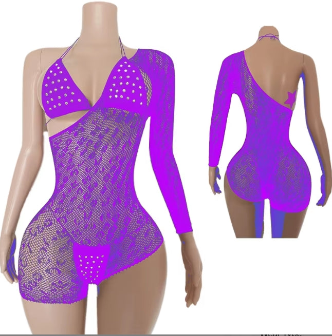 V449 Three Piece One Shoulder Mesh w/Rhinestone Lingerie Bikini Set